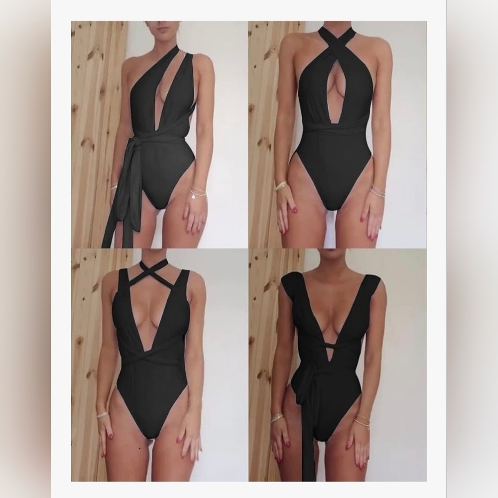 Lilosy Sexy Tie Criss Cross Plunge One Piece #1068 NWOT - Picture 9 of 11